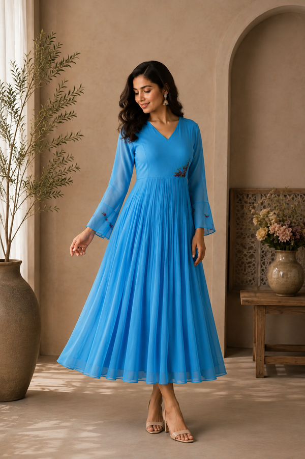 Azure Bloom Embroidered A line kurti