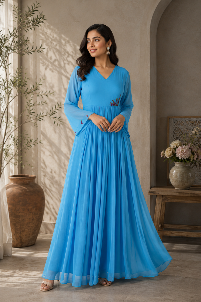 Azure Bloom Embroidered A line kurti