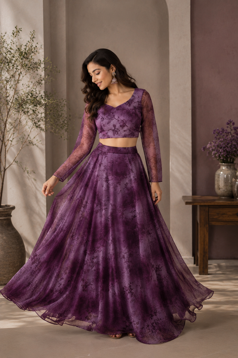 Satin Organza Floral Print Co-Ord Set