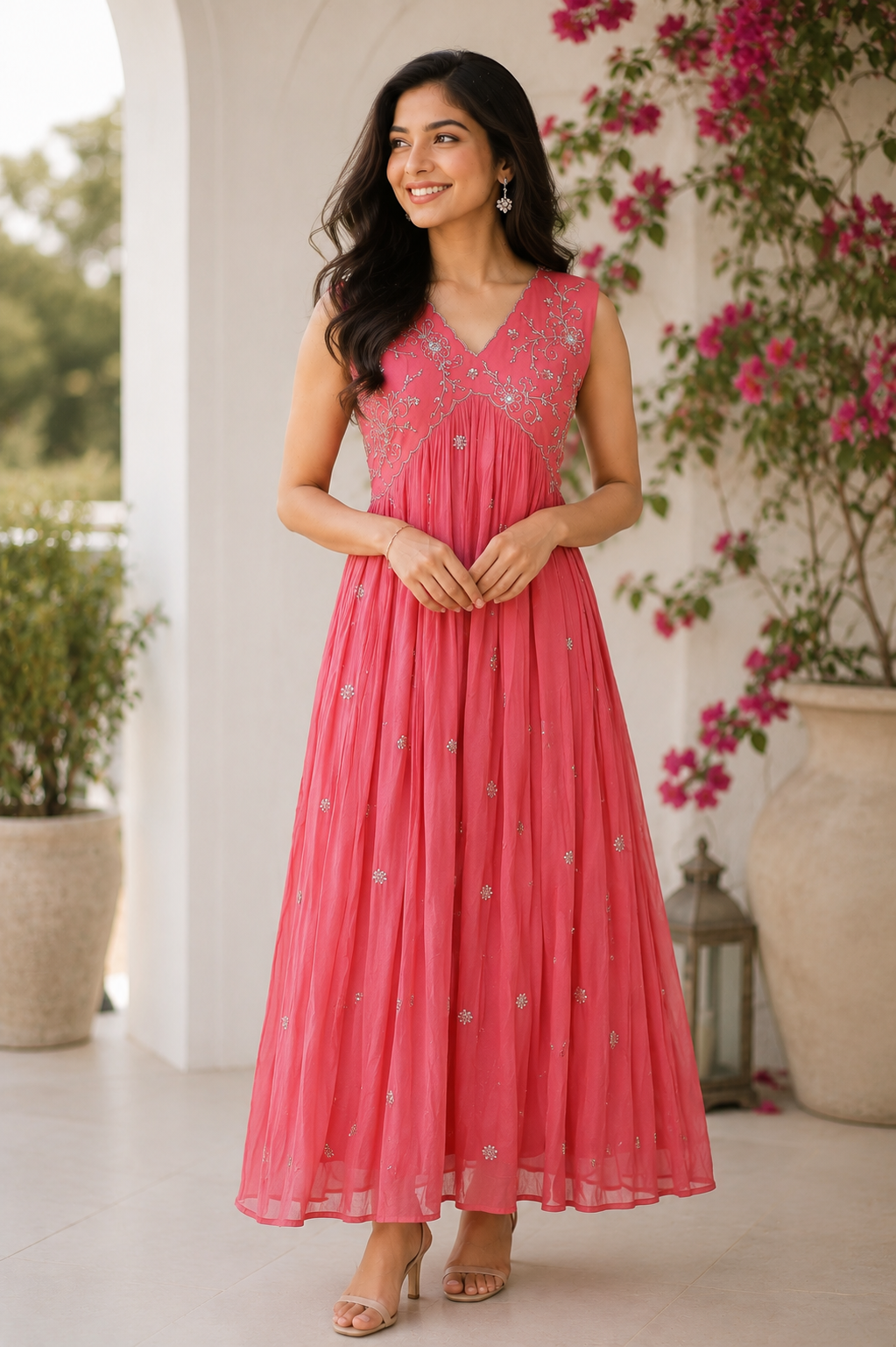 Coral Bloom Hand-Embroidered Georgette A line pleated kurti