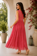 Coral Bloom Hand-Embroidered Georgette A line pleated kurti