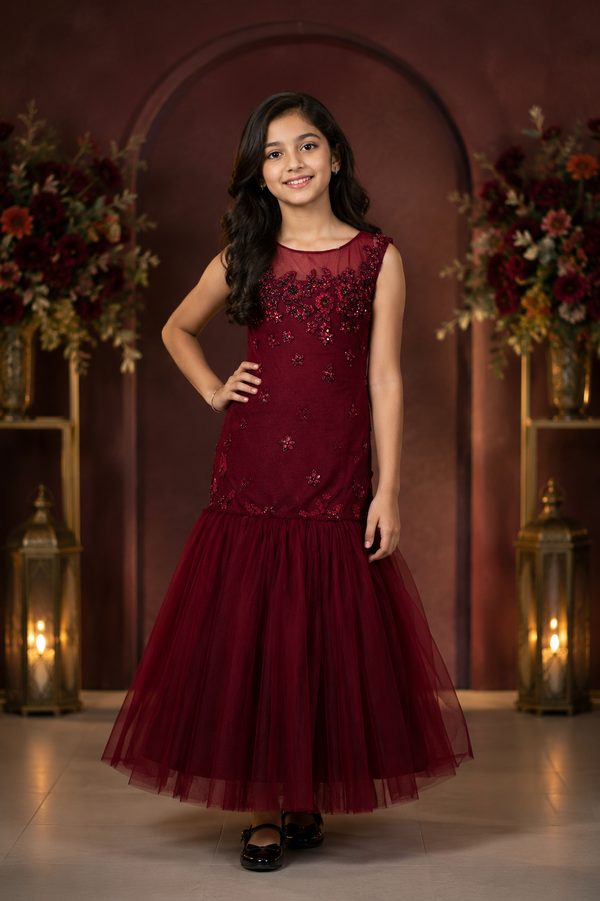 Crimson Princess Embellished Kids Gown