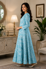 Aqua Bloom Printed Cotton Maxi Dress