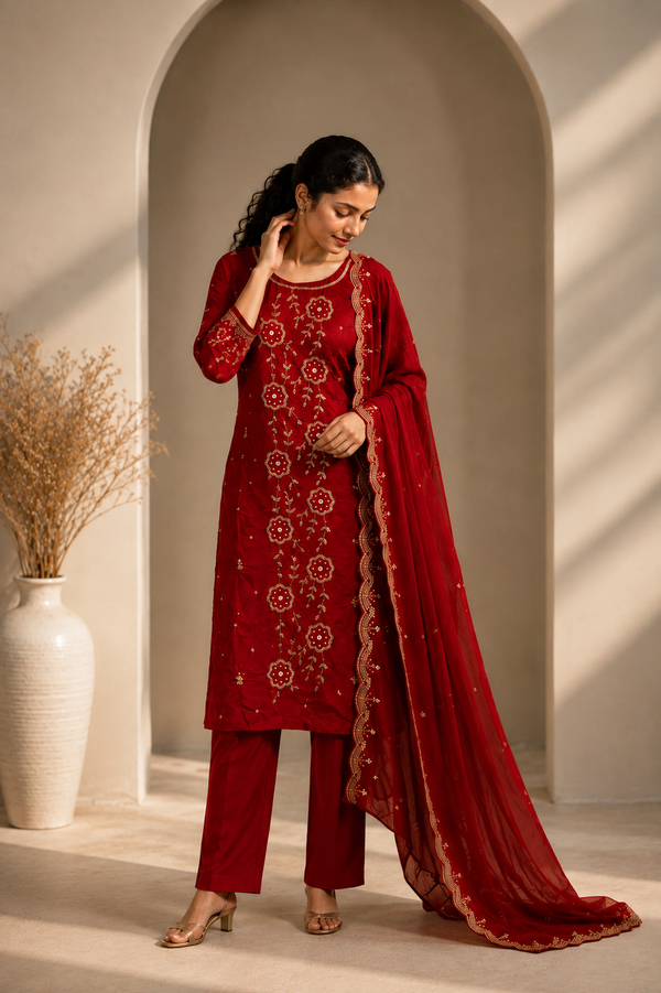 Ruby Royale Embroidered Suit Set