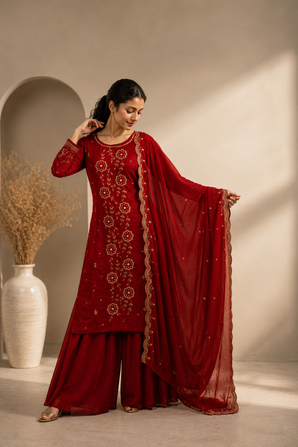 Ruby Royale Embroidered Suit Set