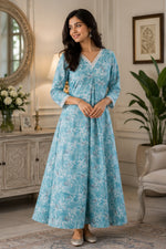 Aqua Bloom Printed Cotton Maxi Dress