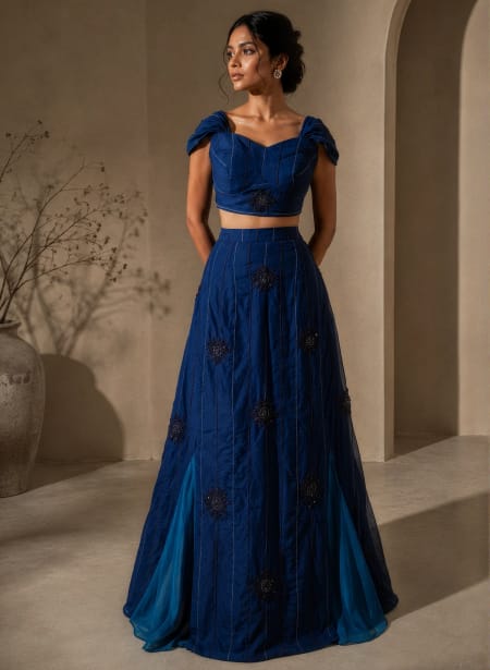 Dusty Blue Embroidered Lehenga Set