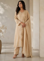 Beige Embroidered Straight Kurta Set with Dupatta