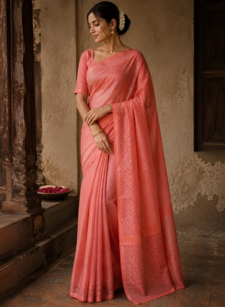 Coral Pink Kanjivaram silk Saree