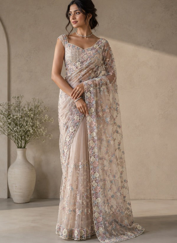 Pastel Bloom Embroidered Designer Saree