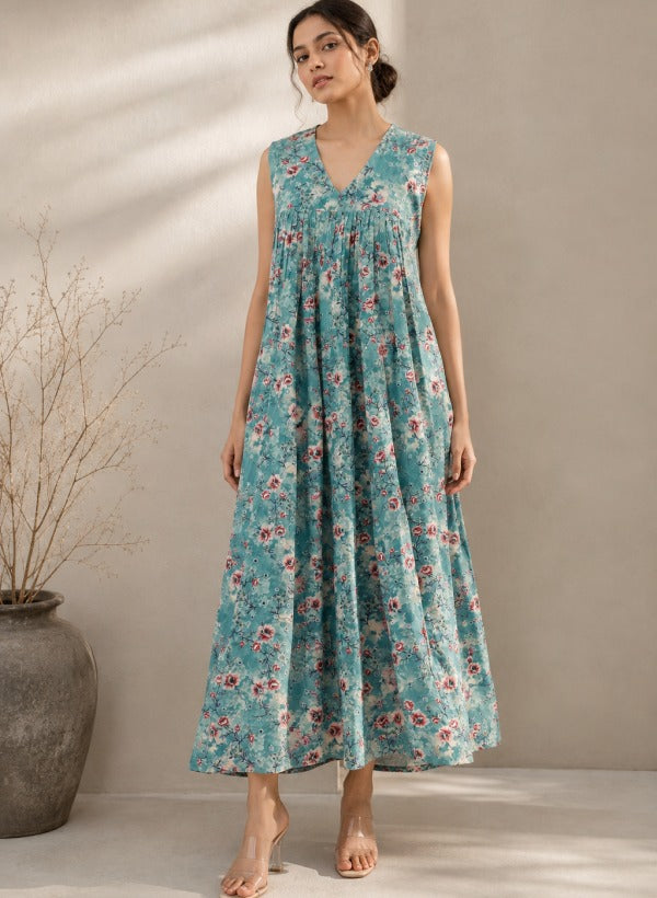 Floral Printed Gathered A-Line Dress