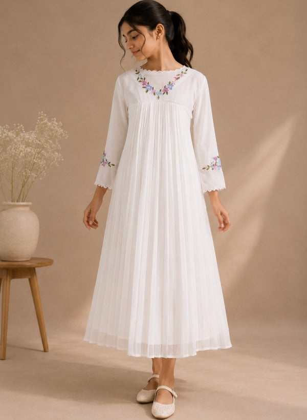 White Floral Embroidered Pleated Georgette kurti