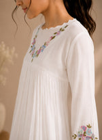 White Floral Embroidered Pleated Georgette kurti