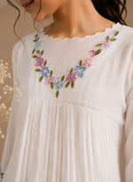 White Floral Embroidered Pleated Georgette kurti