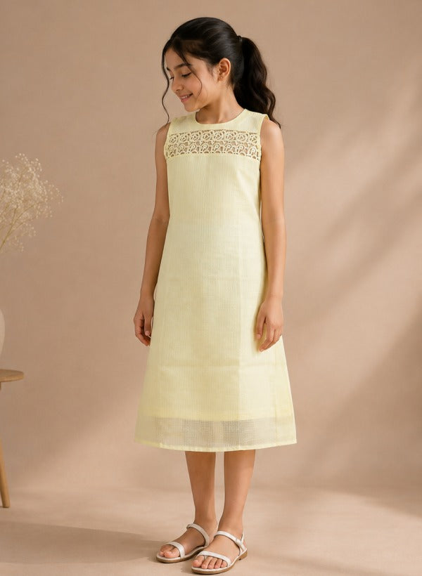 Pastel Yellow Lace Panel A-Line Dress