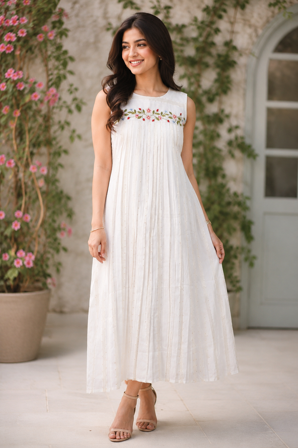 White Charm Embroidered pleated dress