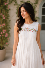 White Charm Embroidered pleated dress